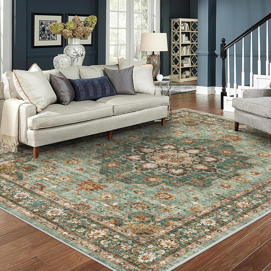 Washable Oriental Area Rug - 8x10 Rugs for Living Room Soft Carpet for Bedroom Waterproof Floral Distressed Indoor Stain Resistant Non-Shedding Floor Carpets (Green, 8x10)