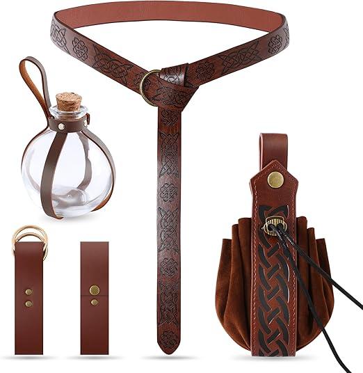 Renaissance Accessories 6Pcs Medieval Pirate Leather Belt Pouch Cork Potion Bottle Belt Halloween Cosplay Costume (Brown)