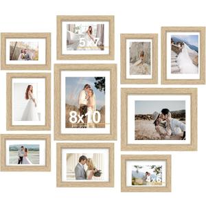 10 Pack Picture Frames Collage Wall Decor - Gallery Wall Frame Set with Mat for Wall Mounting or Tabletop Display, Including Two 8x10, Four 5x7, Four 4x6 Photo Frames, Real Glass (Wood Grain)