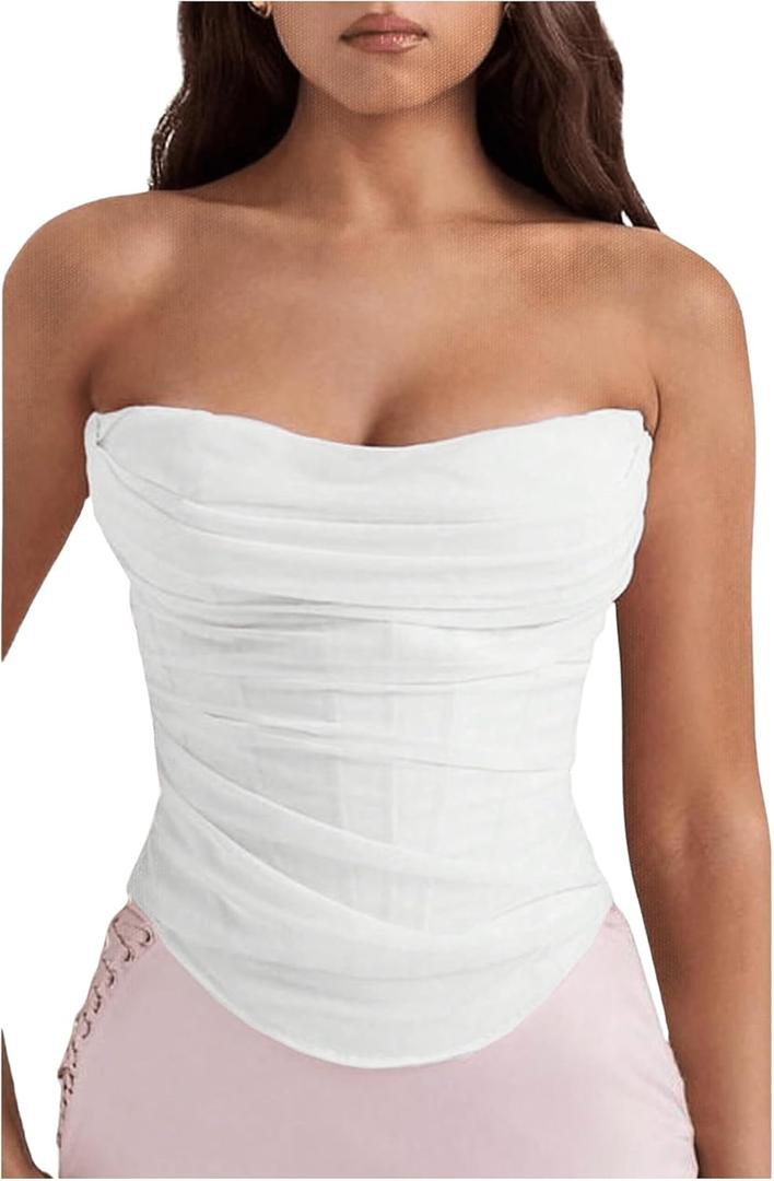 Floerns Women's Strapless Ruched Tube Tops Sleeveless Bandeau Concert Corset Top (Large, White)