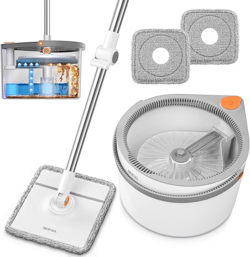 MOPALL Spin Mop and Bucket Set, Dual Chambers Dirty and Clean Water Self Separation for Floor Wall Window, Wet and Dry Mop and Bucket with Wringer Set for Home (1 Square Mop with 2 Microfiber Pads) MOPALL Spin Mop and Bucket Set, Dual Chambers Dirty and Clean Water Self Separation for Floor Wall Window, Wet and Dry Mop and Bucket with Wringer Set for Home (1 Square Mop with 2 Microfiber Pads)