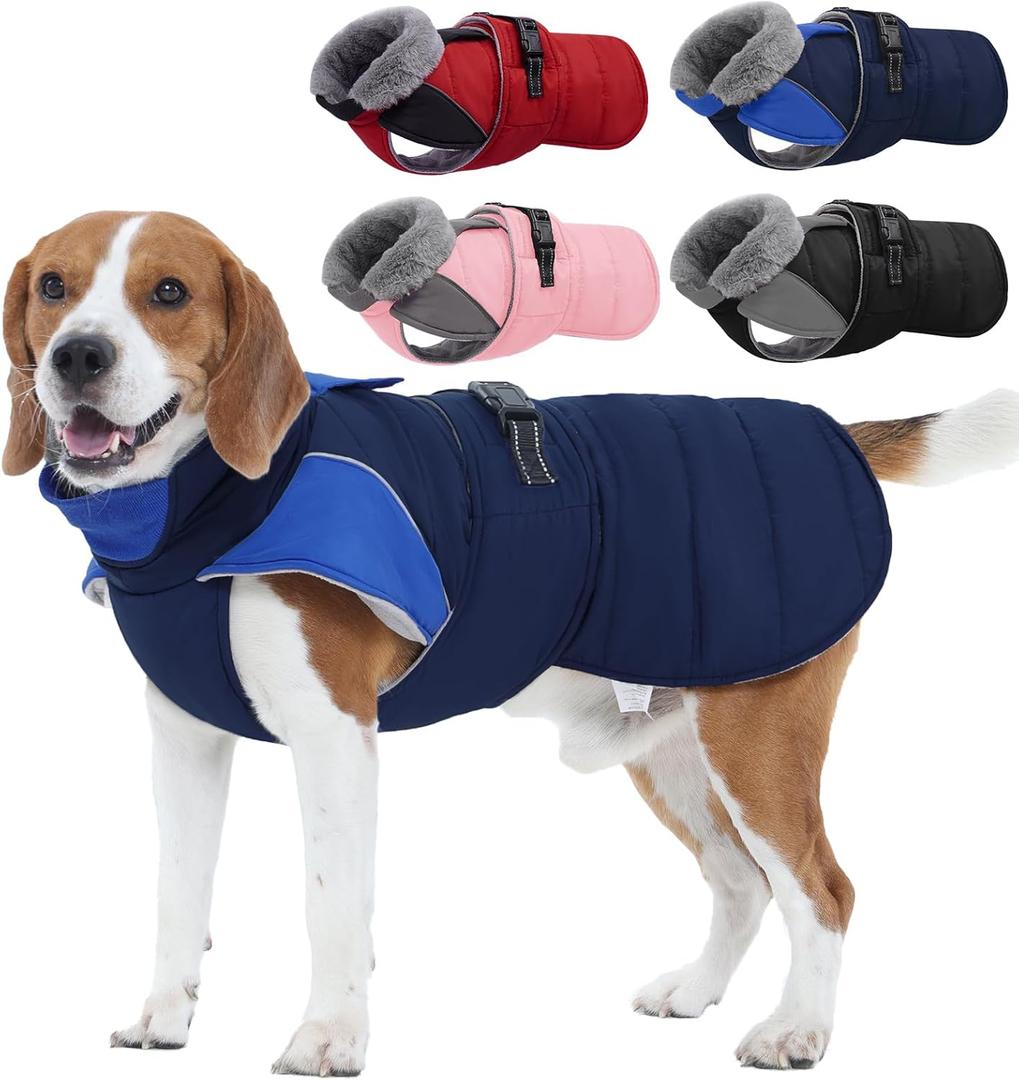 Nanaki Warm Fleece Lined Dog Coats Vests for Winter Waterproof, Furry Collar Dog Jacket with Leash Hole, Reflective Pet Snow Jacket Suit for Outdoor Walking Hunting,Easy On Puppy Coat Beagle, Blue L