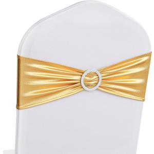 timecity Gold Spandex Chair Sashes Bands 10 Packs Christmas Metallic Stretch Chair Ties Bows Bulk with Buckle Slider Elastic Ties for Wedding Banquet Birthday Party Decor