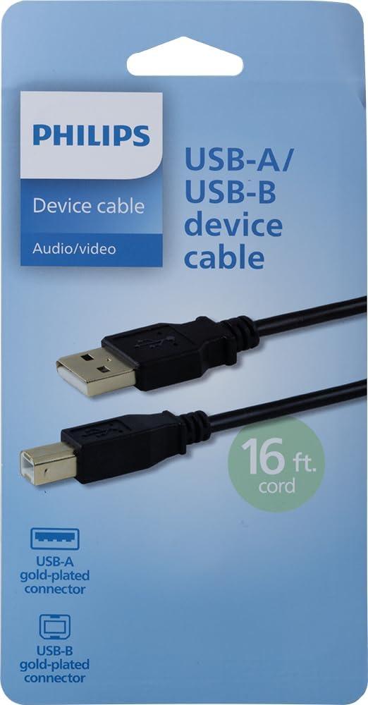 Philips USB-A to USB-B Printer Cable, 16 Ft Long Cord, Connect Laptop or Desktop, Data Transfer 480 Mbps, Gold Plated, HP, Canon, Brother, Samsung, Dell, Epson, Lexmark, Xerox, Black, SWV3173B/37