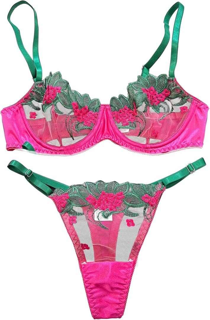 Lilosy Sexy Satin Mesh Floral Sheer Embroidered Underwire Lingerie Set 2 Piece Women (Medium, Flower Hot Pink)