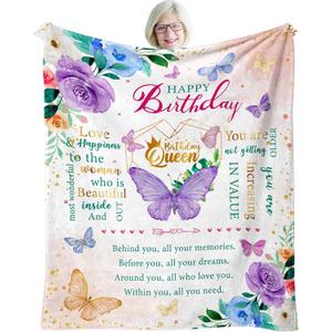 Birthday Gifts for Women, Happy Birthday Presents for Women Friendship Throw Blanket 50"X60", Best Birthday Queen Gifts Ideas for Mom Female Friend Wife Sister, Butterfly Bday Decorations for Woman (Purple)