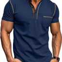 Men's Henley Shirts Short/Long Sleeve Casual Cotton T-Shirt Classic Button Basic Stylish Tees Tops (Blue, M)