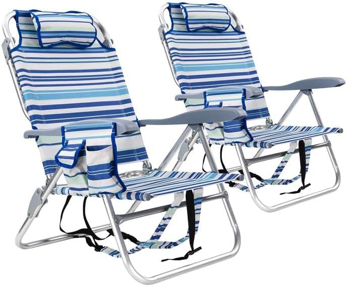 Backpack Beach Camping Chairs with 8 Positions Lay Flat, 2 Pack Lightweight Folding Beach Chair with Adjustable Headrest, Pouch, Cup Holder for Outdoor Lawn Picnic, Support 300LBS(Stripes_Blue & Cyan)