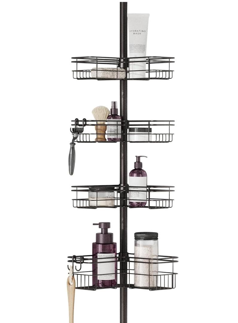 Zenna Home Tension Pole Shower Caddy Corner Organizer, Adjustable Standing Shower Caddy with 4 L-shaped Baskets and Hooks, Rust Resistant Bathroom Tension Rod Organizer, 60 to 97 Inch, Bronze