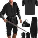 Jiuguva 4 Pcs Halloween Men's Renaissance Costume Set Medieval Pirate Shirt Ankle Banded Pants Viking Belt Accessories (XX-Large, Black)