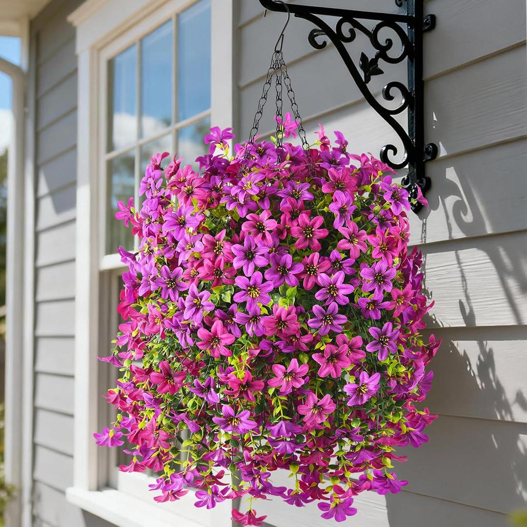 Artificial Hanging Baskets Outdoor, 4 Bundles Artificial Hanging Flowers Outdoors Spring Summer Decoration, No Fade Realistic Fake Hanging Baskets for Porch Patio Balcony Home Yard Decor