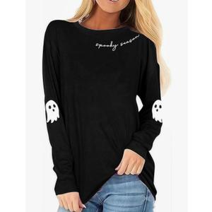 Halloween Shirts Women Long Sleeve Spooky Season Fall T Shirts Autumn Ghost Graphic Tees Thanksgiving Tops Black M