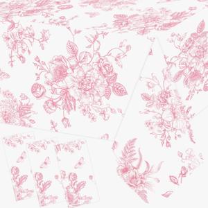 3Pcs Pink Floral Tablecloth, 52 x 87 Inch Vintage Flower Table Cover, Rectangle Floral Table Cover, Pink and White Porcelain Tablecloth for Spring Tea Wedding Shower Birthday Party