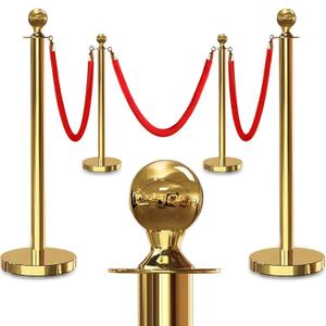 4PCS Gold Stanchions Posts with 3PCS 5 ft Red Velvet Rope, Red Velvet Rope Stanchion Set Crowd Control Barriers, Stanchions and Velvet Ropes Red Carpet Poles for Party Supplies