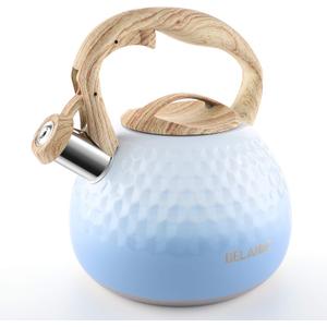 BELANKO 2.7 Quart Tea Kettle for Stovetop - Food Grade Stainless Steel with Diamond Texture, Designer Teapot Look, Cool-Touch Wood Pattern Handle, Whistling Spout - Gradient Blue