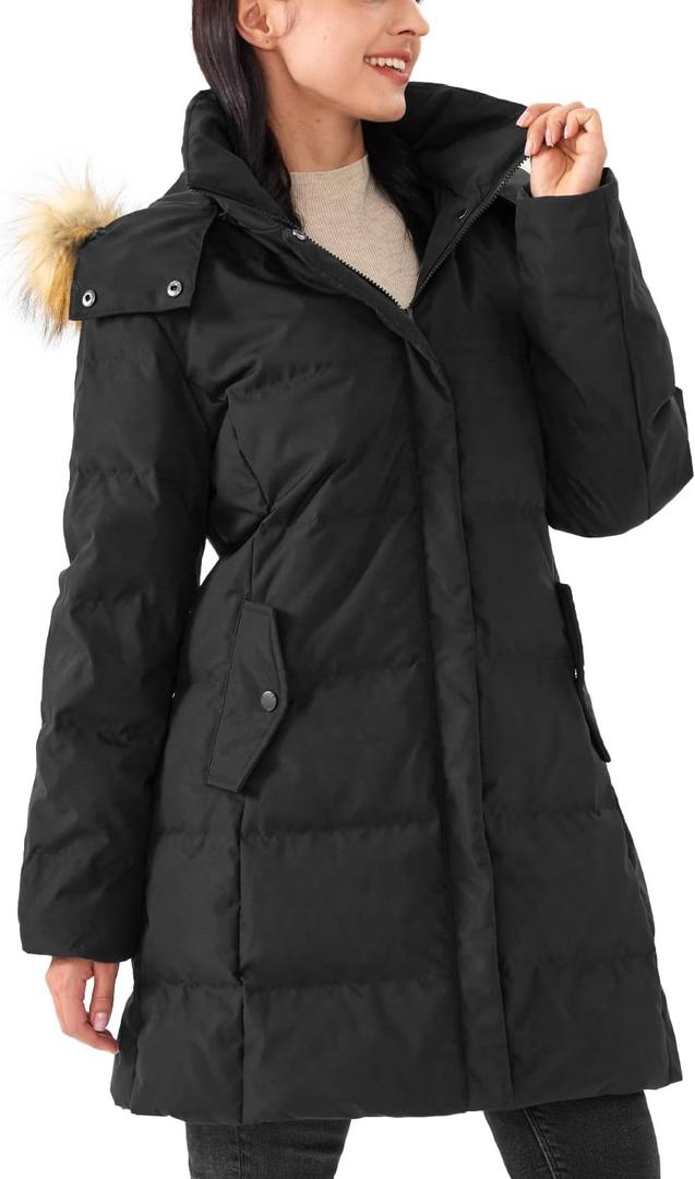 Women's Long Thicken Puffer Jacket Warm Coat with Faux Fur Removable Hood (Black, L)