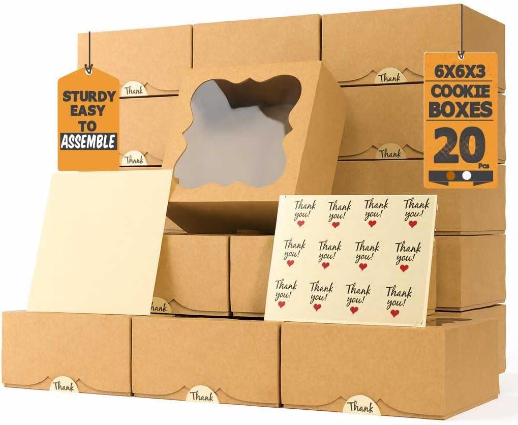 20 Pack Cookie Boxes for Gift Giving  6X6X3 Inches Bakery Boxes with Window - Extra Thick Small Cookie Containers for Treats, Desserts, Strawberries, Cupcakes, Candy, Charcuterie, Baked Goods, Pastry