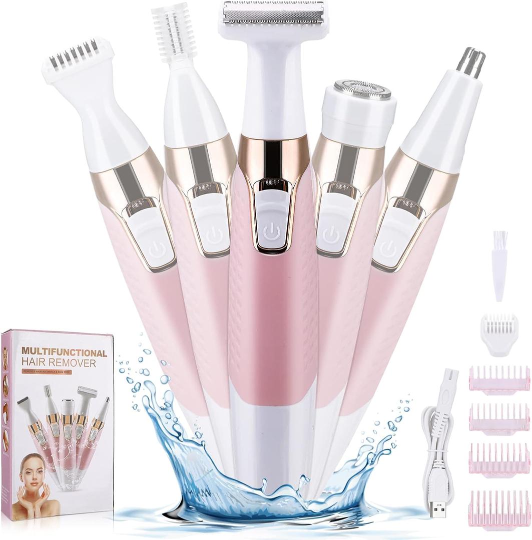 Face Razors for Women, BestMal Bikini Trimmer 5 in 1 Wet/Dry Electric Shaver Razors for Face Nose Eyebrow Beard Mustache Arm Leg Armpit Pubic Area Painless Rechargeable Facial Hair Removal for Women