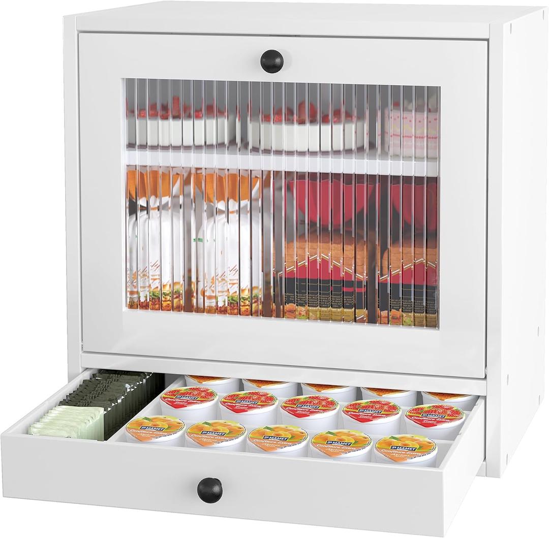 Alpeir Wooden Bread Box for Kitchen Countertop, Large Capacity with Ventilation Holes Adjustable Tiered-Shelf, Vintage Farmhouse Breadbox with Drawer & Window, Longer Freshness, White