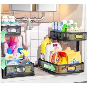 Under Sink Organizer 2 Pack, High Adjustable 2 Tier Under Sink Organizers and Storage, Slide out Metal Cabinet Organizers, Pull out Storage Drawer Shelf for Kitchen Bathroom Cabinet (Black)