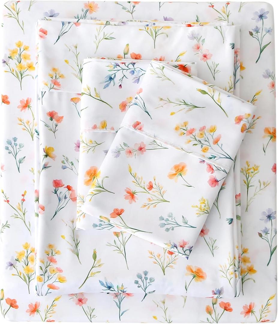 Viviland Floral King Sheet Set - 4 Piece Vintage Botanical Flower and Leaves Patterned Bed Sheets - Soft, Breathable Microfiber Sheets with Deep Pocket, Non-Slip Fitted Sheets & Pillowcases