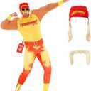 Morph Hulk Hogan Costume, WWE Costume, Hulk Hogan Wrestling Adult Outfit, WWE Wrestling Halloween Outfit with Accessories (Medium)