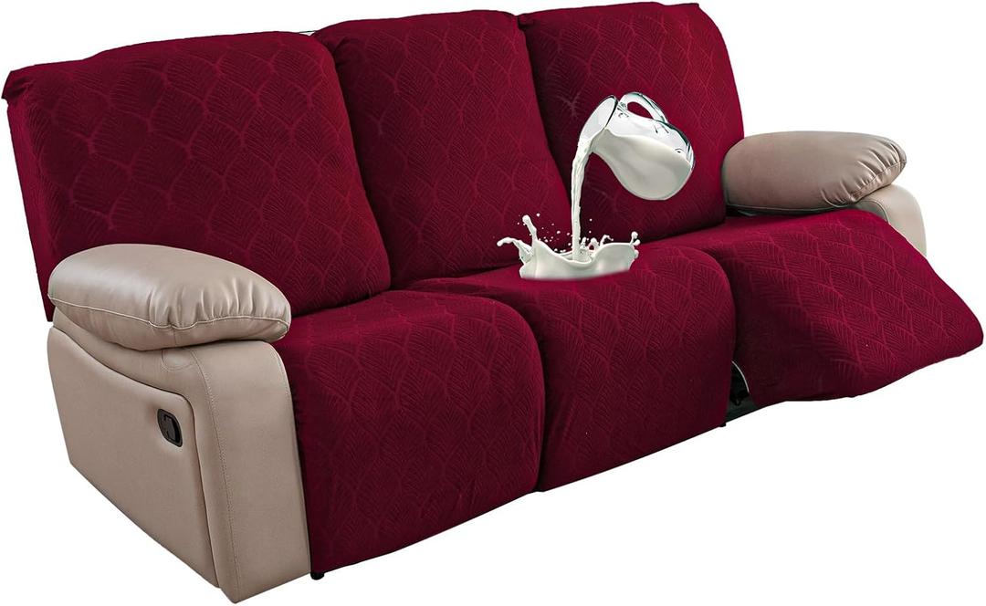 100% Waterproof Recliner Sofa Slipcovers, 3 Pieces Stretch Reclining Couch Covers for 3 Cushion Couch Sofa Pet Friendly Washable Furniture Covers for Dogs, Pets, Kids (Wine, 3 Seater)