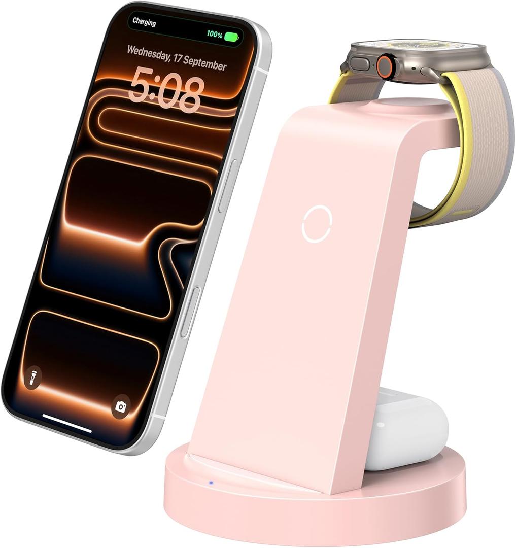 Anlmz 3 in 1 Charging Station for iPhone, Wireless Charger for iPhone 17 16e 16 15 14 13 12 11 X Pro Max & Apple Watch - Charging Stand Dock for AirPods (Pink)