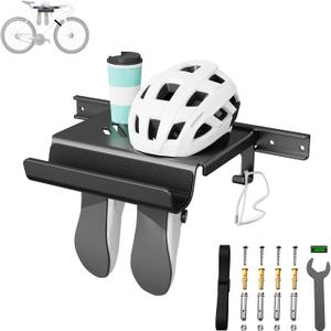 Bike Wall Mount Rack Indoor Bike Storage Garage Bike Rack Wall Mount with Shelf and Hooks Store Your Helmet and Shoes for a Single Road, Mountain or Other Bicycle (Fit Crank Bicycle,16" Stud)