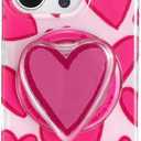 FEWGEY for iPhone 16 Pro Case Pink Heart with Round Phone Grip Compatible with MagSafe Kickstand Holder for Girls Women, TPU Shockproof Protective Phone Cover