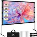 100 Inch Portable Projector Screen with Stand16:9 4K HD Anti-Crease Indoor Outdoor Projector Movie Screen with Carry Bag,Wind Rope & States,for Backyard Camping Travel Home Theater