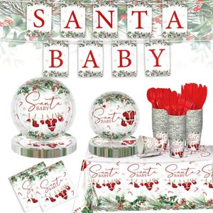 Zhehao 272 Pcs Santa Baby Shower Decorations Christmas Baby Shower Party Santa Tableware Set Disposable Tablecloths Plates Napkins Cups Forks Knives Spoons Banner for Party Decoration Supplies
