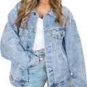 AUTOMET Women's Oversized Jeans Jacket, Classic Button Down Denim Jacket with Chest Pockets, Loose Fit Boyfriend Style Coat (Blue, S)