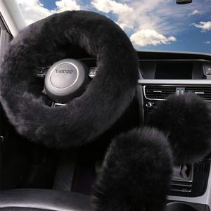 Yontree Fashion Fluffy Steering Wheel Covers for Women/Girls/Ladies/Men Australia Pure Wool Universal 15 Inch 1 Set 3 Pcs (Black) (Long Hair)