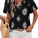 Timeson Womens Summer Tops Boho Short Sleeve Business Casual Blouses Button Down Floral Shirts Fashion Beach Vacation Clothes (Black, L)