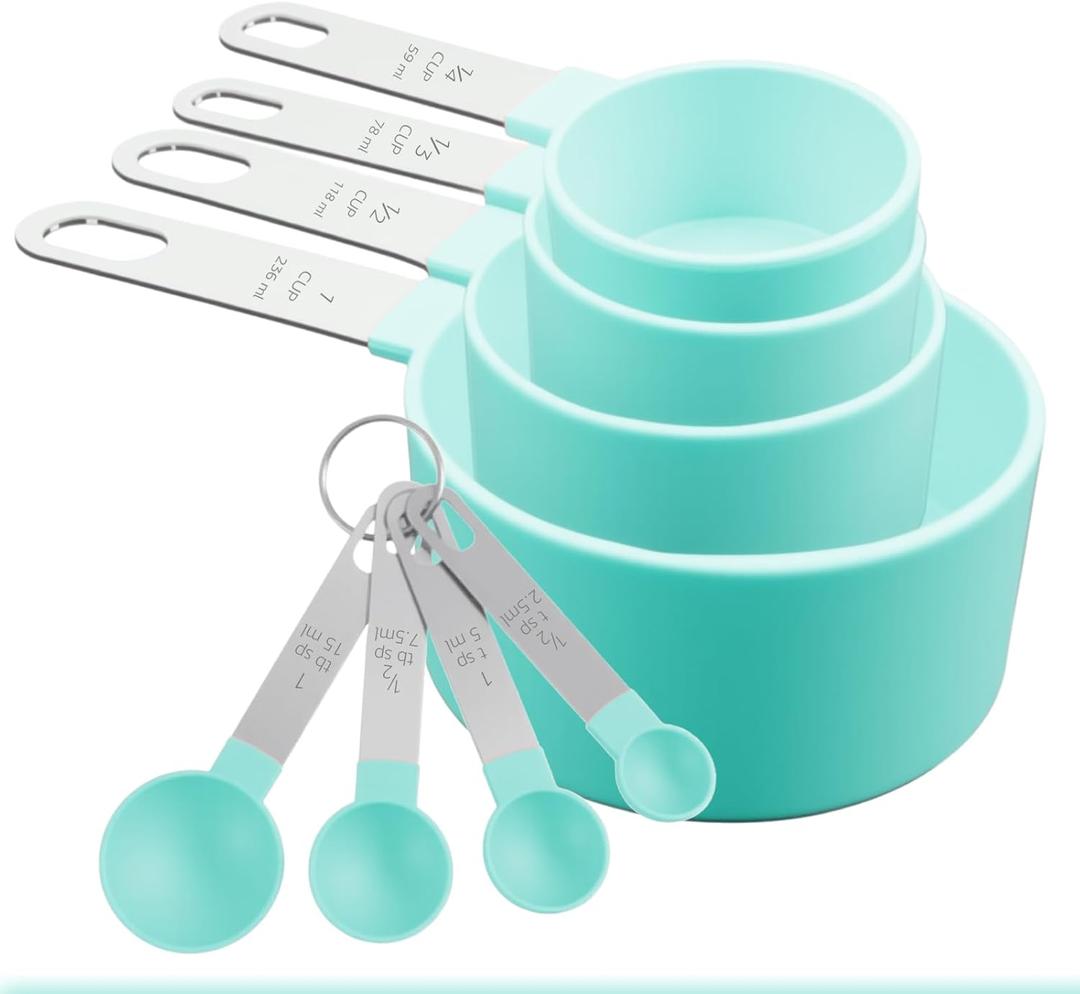 2 x Measuring Cups and Spoons Set, 8-Piece Plastic Measure Cups, Kitchen Cooking Baking Tools, Nesting Design with Stainless Steel Handles for Liquid, Dry Ingredients (Green)