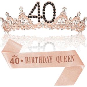 40th Birthday Decorations for Women, Black Rose Gold 40th Birthday Crown and Sash Womens 40 Year Old Tiara Gifts Party Favors for Her Female Friends Sisters Daughter Wife Mom