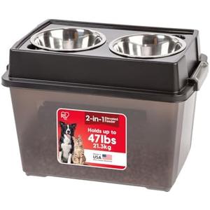 IRIS USA Elevated Dog Bowls, 15"H Raised Bowl for Large Dogs, Airtight Pet Food Storage Holds Up To 47 Lbs, 2 Removable 64 oz Stainless Steel Bowls, At Home or Camping, Smoke/Black