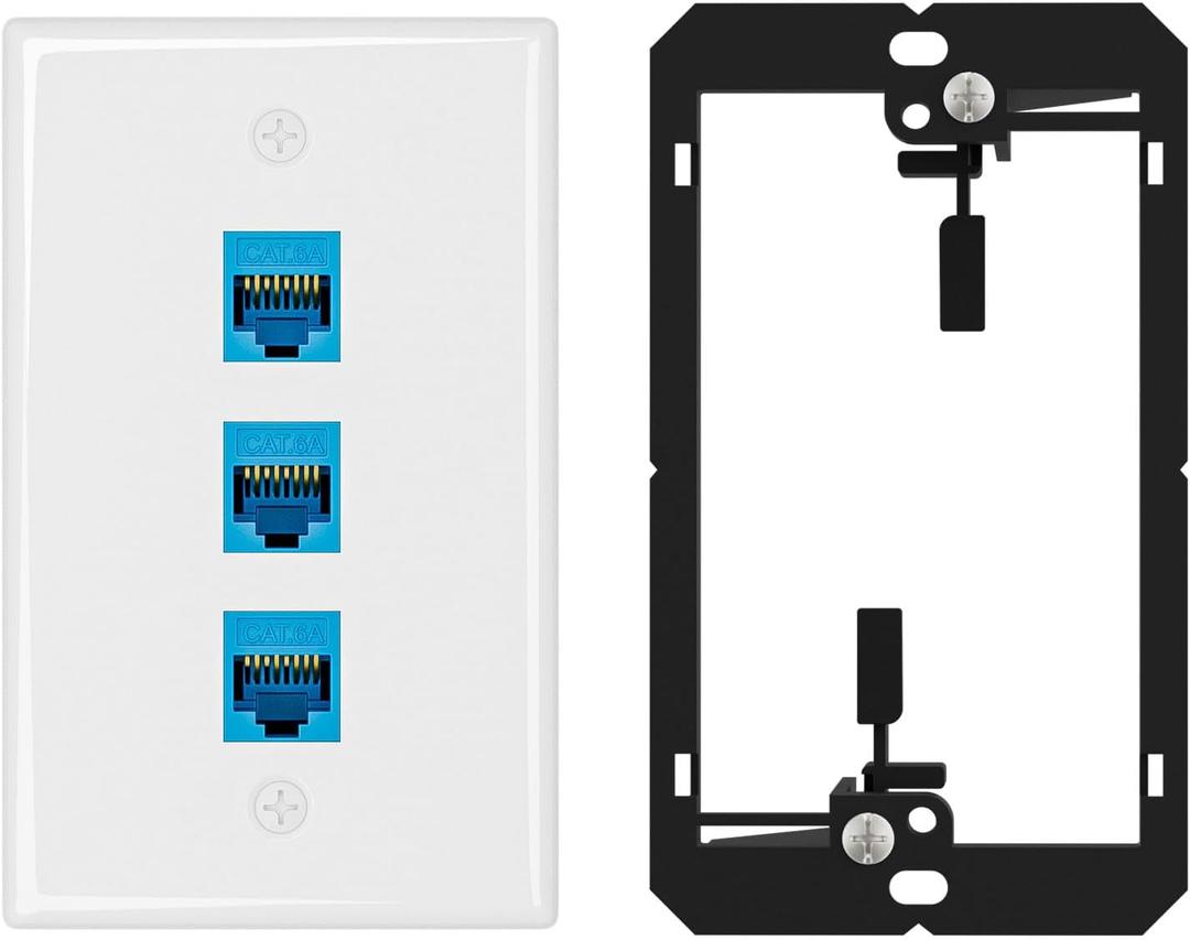iwillink 10Gbps Ethernet Wall Plate CAT6A, 3-Port Keystone Wall Plate and Jack Outlet, RJ45 Wall Plates with Single Gang Low Voltage Mounting Bracket - 1 Pack, Blue