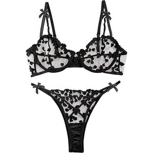 Lilosy Sexy Underwire Cute Push Up Strappy Embroidered Mesh Sheer Lingerie Set See Through Panty Bra
Small