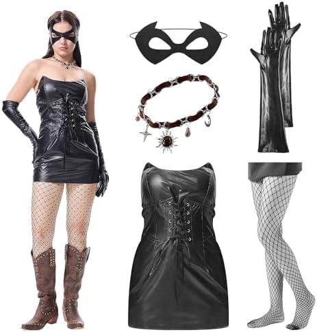 XYHKOBB Gothic Black Cat Costume Set for Halloween Parties Women's Punk Rock Faux Leather Corset Dress Gloves Mask L