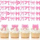 Chuangdi 48 Pieces Coquette Bow Cupcake Rings Cute Pink Bow Coquette Birthday Cake Decorations for Bachelorette Bridal Engagement Wedding Baby Shower Girl Theme Party Decor, 4 Styles