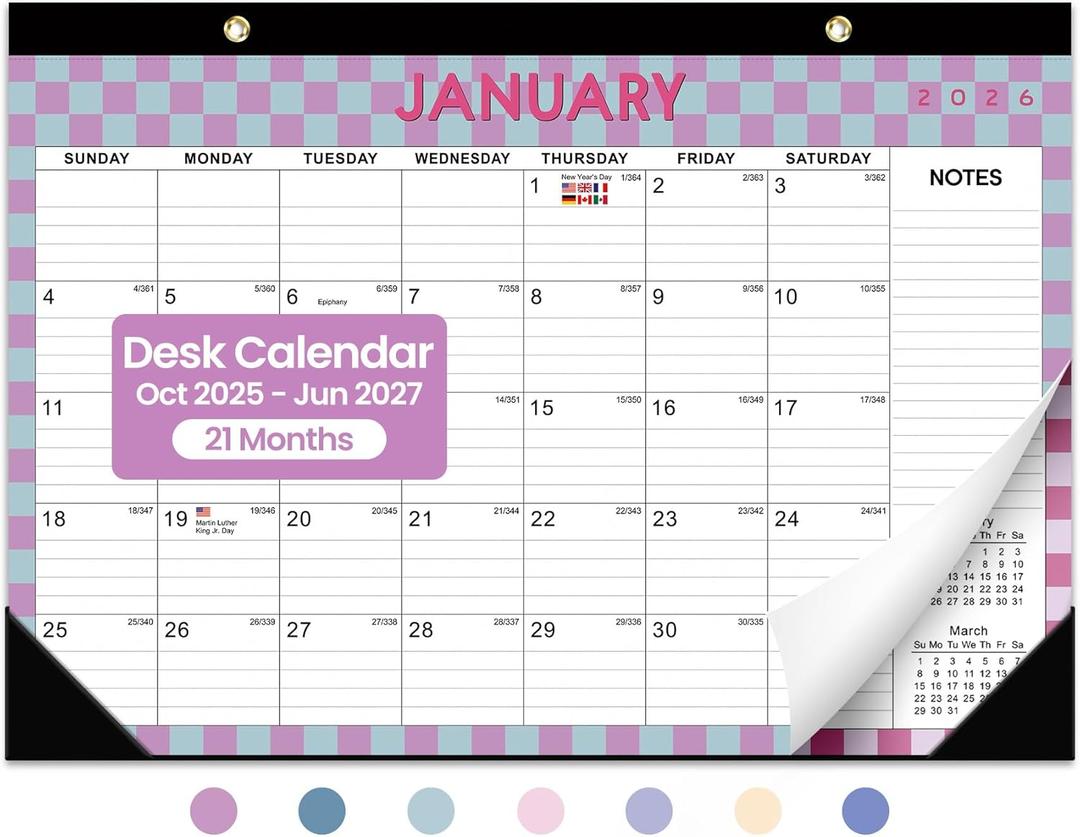 Desk Calendar 2026-2027, 21-Month Calendar Runs Unitl June 2027, Large 17" x 12" Monthly Desktop & Wall Calendar for Home & Office - Checkered