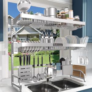 Over The Sink Dish Drying Rack,3 Tier Adjustable Length (25.5'' to 37.4'') Full Stainless Steel Large Storage Kitchen Dish Rack,For Kitchen Counter Expandable Multifunctional Organizers,Silver