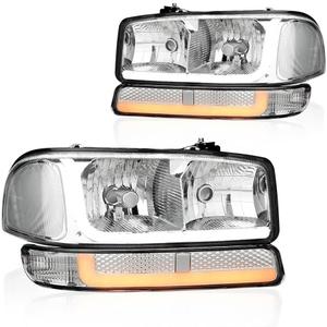 LED DRL Headlight, Headlights Assembly Kit Compatible with 1999-2007 GMC Sierra/1999-2006 GMC Yukon, Fits 2007 Classic Models ONLY Headlight Replacement Headlamp Chrome Housing Clear Reflector