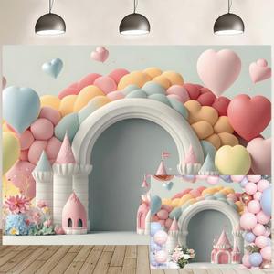 5x3ft Baby Shower Backdrop Pink Castle Balloon Arch Photography Background Sweet Heart Balloons Decorations Banner Girl Kids Birthday Newborn Party Photo Booth Props Studio Home Decor