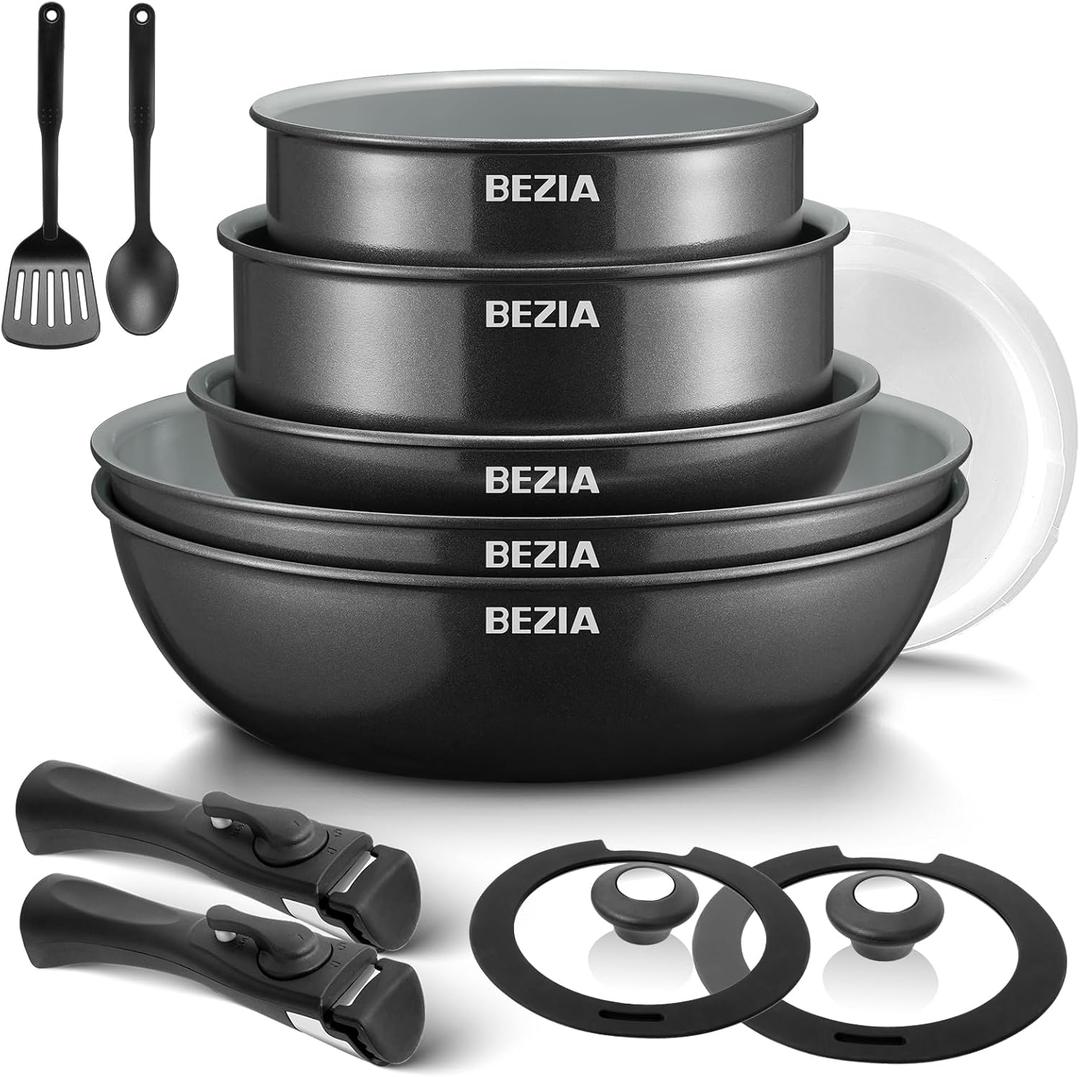 BEZIA Induction Cookware with Healthy Ceramic Coating, Nonstick Pots and Pans Set 13pcs with Detachable Handles, Induction RV Kitchen Set with Removable Handles, Oven Safe