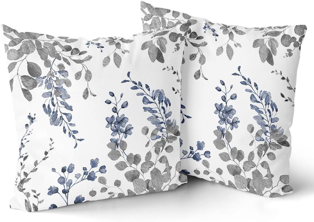 Leaf Branch Throw Pillow Covers - Vintage Blue and Grey Floral Leaves Pillow Cases 18x18 Inch Modern Decorative Pillowcases Farmhouse Flower Ink Painting Cushion Covers Set of 2