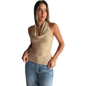 SHENHE Women's Halter Front Draped Backless Cowl Neck Textured Dressy Sexy Plunge Top (Khaki, Large)