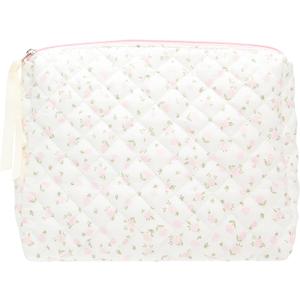 Quilted Makeup Bag Large Travel Zipper Soft Cosmetic Pouch for Women Girls Make Up,Little Flower Pink (1 PCS Pouch)
